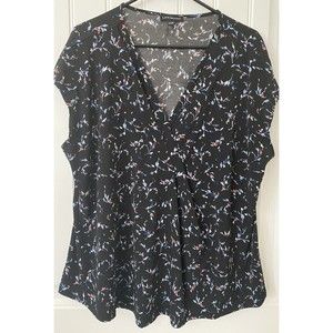 Lane Bryant Shirt Womens 18/20 Plus Black Floral‎ Print Short Sleeve Blouse